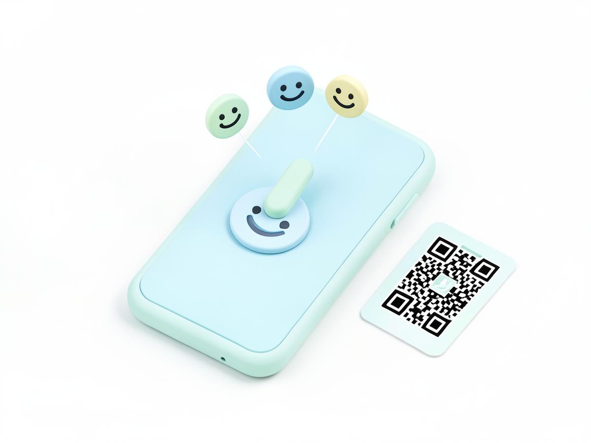 Smartphone tippt einen NFC-Chip an, daneben ein QR-Code für Kundenfeedback